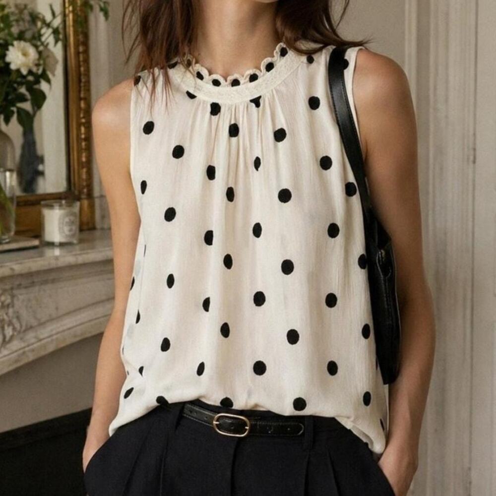 Rebecca Taylor 100% Silk White and Black Polka Dot Sleeveless Blouse Top • Sz 0